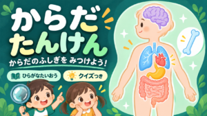 脳や心臓などの体の図と、学ぶ子どもたちを描いた「からだたんけん」のイラスト