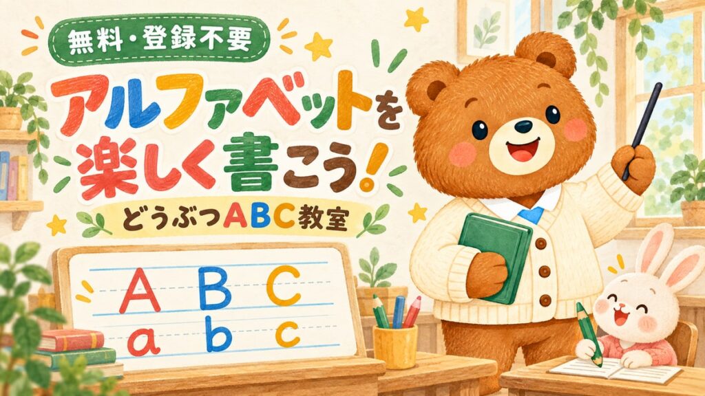 くま先生とウサギがいる温かい教室に、ABC・abcの練習板と「アルファベットを楽しく書こう！ どうぶつABC教室」の文字。無料・登録不要のアルファベット書き方練習ゲーム。