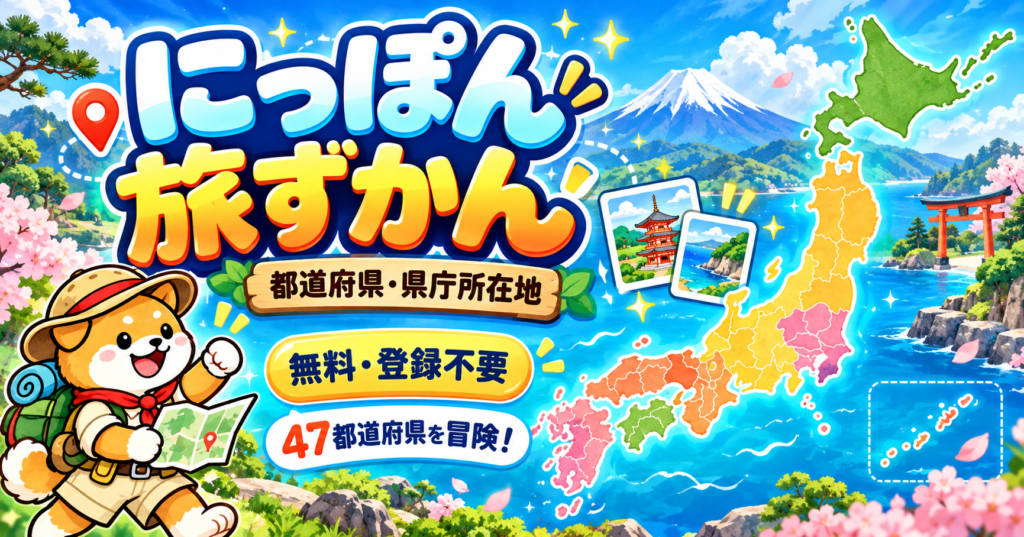 探検犬と日本地図を描いた「にっぽん旅ずかん」のアイキャッチ。都道府県・県庁所在地を学べる、無料・登録不要のゲーム。