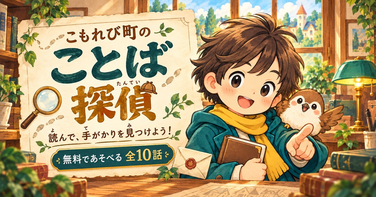 こもれび町のことば探偵。ハルとスズメのピコが、木の事務所で手がかり探しに誘う、全10話の無料読解ゲーム。