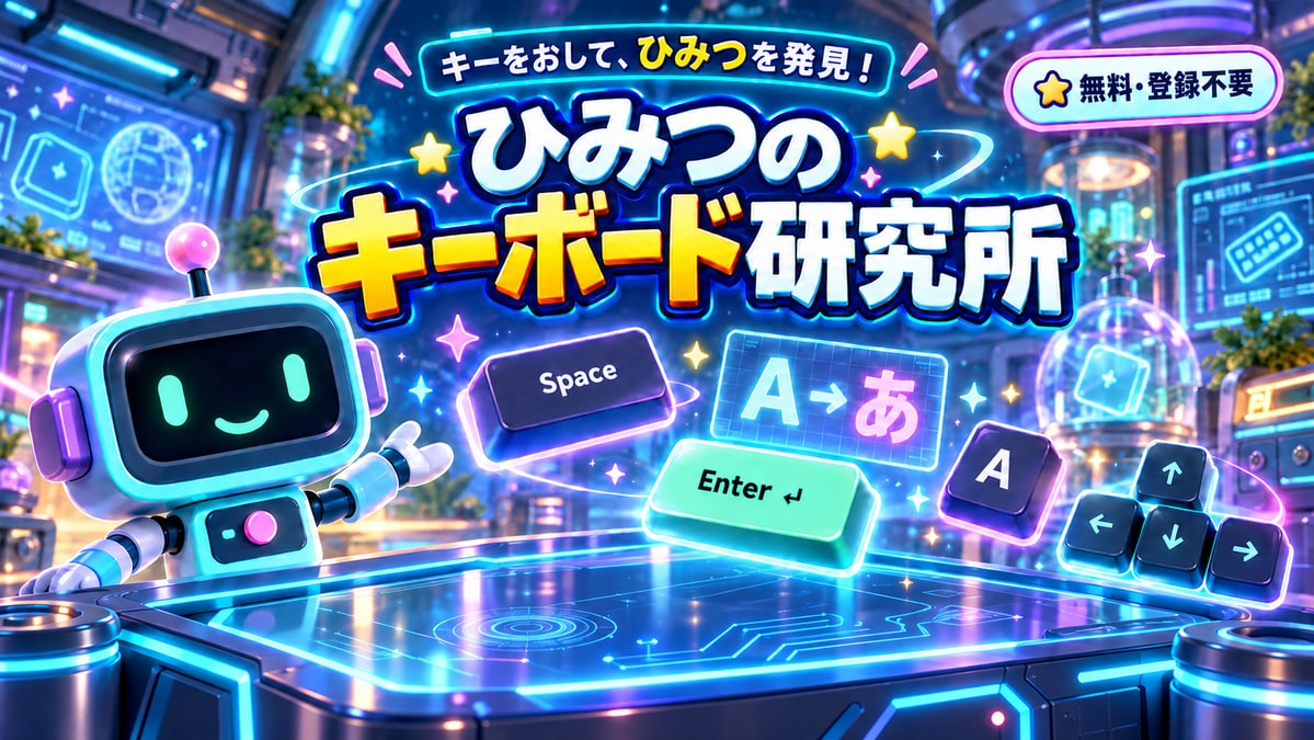 ネオンの研究所で、笑顔のロボット・キーボと光るSpace、Enter、A、矢印キー。「ひみつのキーボード研究所」「無料・登録不要」の文字。
