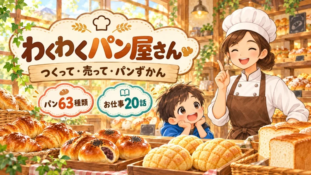 焼きたてのあんぱん・メロンパン・食パンと、こむぎ店長を描いた「わくわくパン屋さん」のアイキャッチ。パン63種類とお仕事20話を体験する子ども向け無料ゲーム。