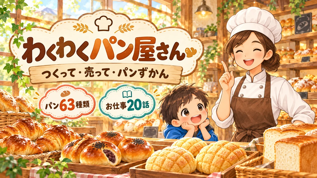 焼きたてのあんぱん・メロンパン・食パンと、こむぎ店長を描いた「わくわくパン屋さん」のアイキャッチ。パン63種類とお仕事20話を体験する子ども向け無料ゲーム。